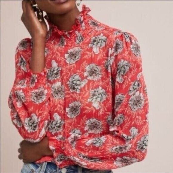 Meadow Rue Tops - Anthropologie Meadow Rue floral Red sheer blouse Medium Size 10 Long Sleeves
